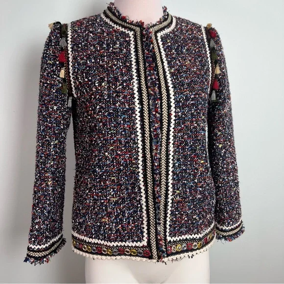 Zara Woman Tweed Blazer Jacket Small Multicolor Parisian Chic Tassel Fringe Pom - Picture 1 of 15